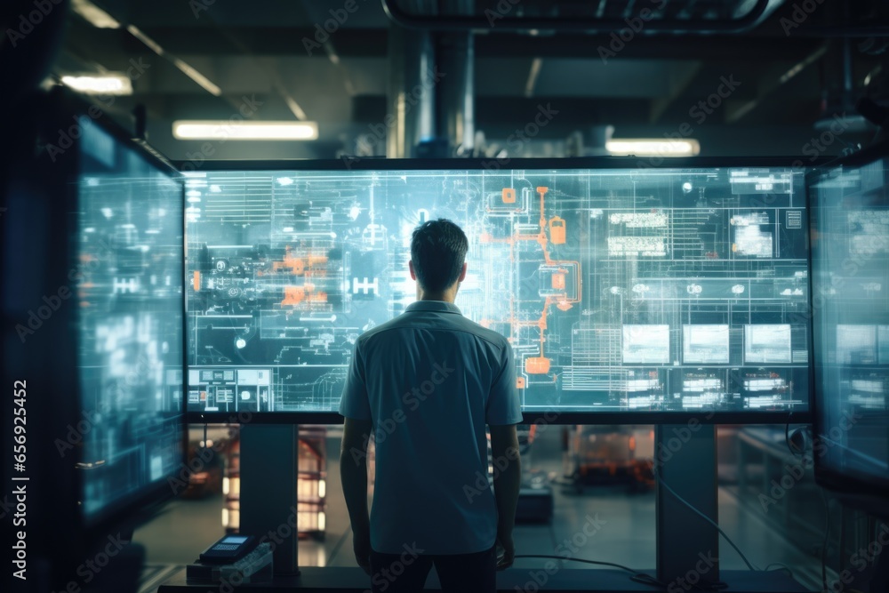 Aufkleber a man standing in front of two monitors, ready to work. this image can be used to represent technolo