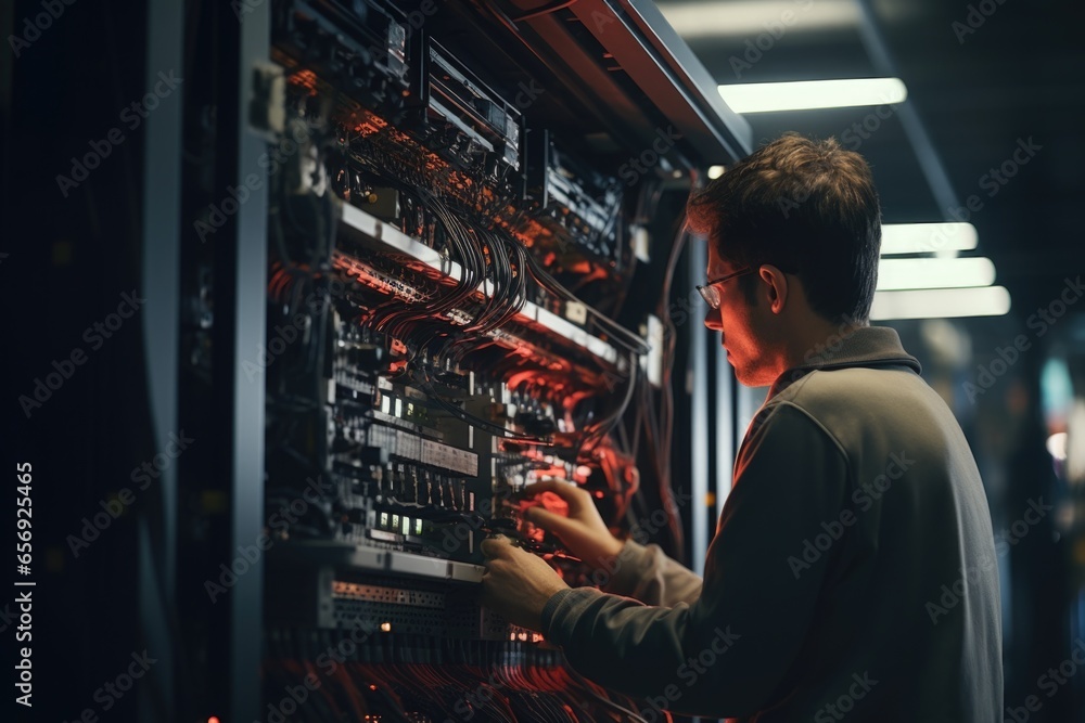 Aufkleber a man is seen working on a computer in a dark room. this image can be used to depict a variety of th