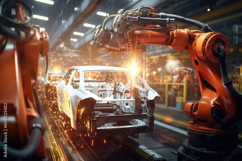 Poster a picture of a car being worked on in a factory. this image can be used to showcase the manufacturin