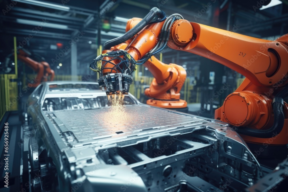 Aufkleber A robot is seen working on a car in a factory. This image can be used to depict automation, manufacturing, and technology in the automotive industry.