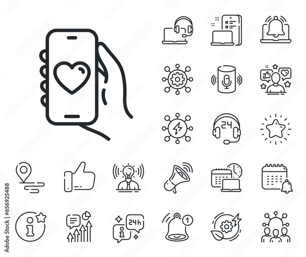 Poster hand hold phone sign. place location, technology and smart speaker outline icons. dating app line ic