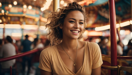 Fototapeta premium Beautiful happy young woman smiling on a carousel at Luna Park 