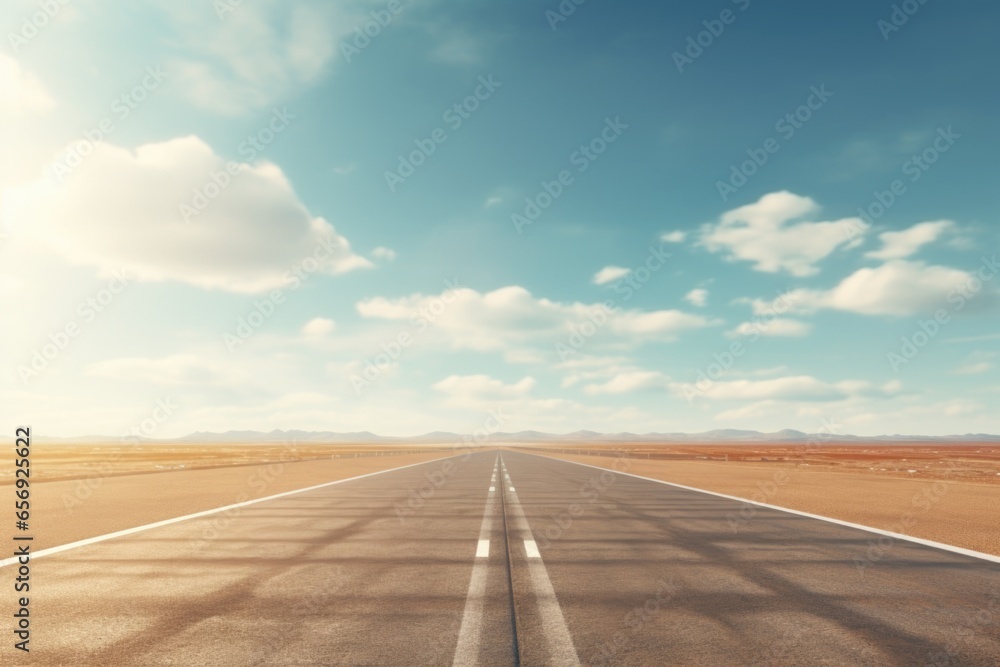 Poster A picture of an empty road stretching through the vast desert. Perfect for illustrating the concept of isolation and adventure.