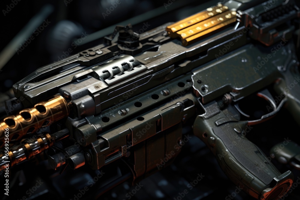 Poster a picture of a machine gun with a green light on its side. this image can be used to depict military