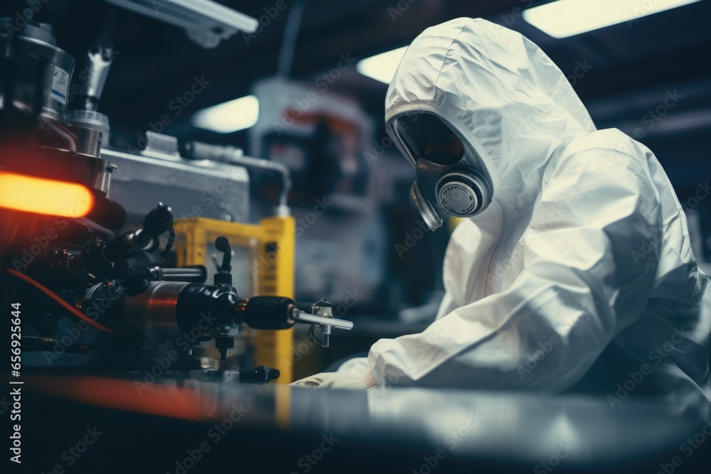 Poster a man wearing a gas mask is seen working on a machine. this image can be used to depict industrial w