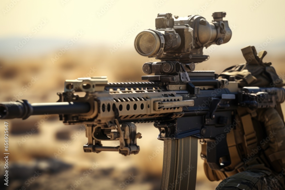 Poster a machine gun with a red dot sight attached. this image can be used to depict military or law enforc