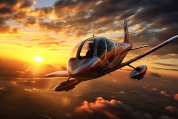 A small plane is seen flying through a cloudy sky. This image can be used to depict travel, aviation, or adventure.
