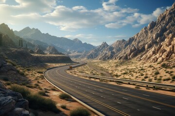 A realistic painting of a highway stretching through a vast desert landscape. This artwork captures the solitude and endlessness of the desert, creating a sense of freedom and adventure. Perfect for t