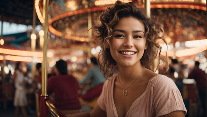 Beautiful happy young woman smiling on a carousel at Luna Park  - obrazy, fototapety, plakaty