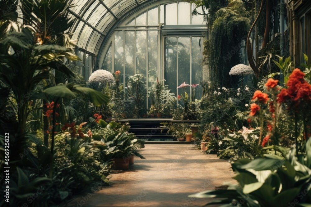 Poster a vibrant greenhouse filled with a variety of plants and flowers. perfect for adding a touch of natu