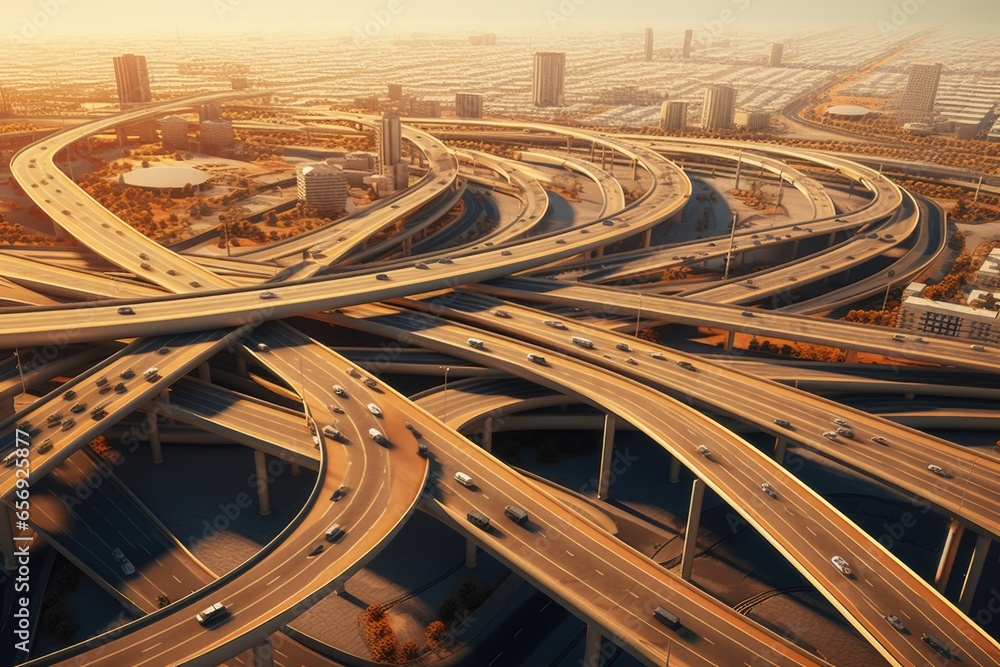Poster a bird's eye view of a highway intersection with multiple lanes. this image captures the complexity 
