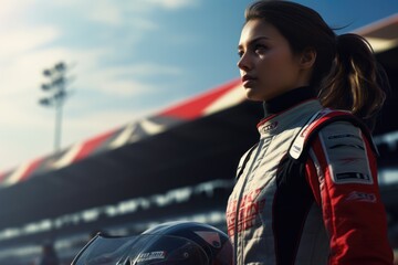 A woman wearing a racing suit is shown holding a helmet. This image can be used to depict a female race car driver or for any related motorsport themes. - obrazy, fototapety, plakaty