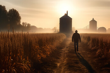 Farmer walking through corn field at dawn grain silo - obrazy, fototapety, plakaty