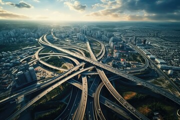 A bird's-eye view of a highway intersection in a bustling city. This image captures the busy traffic and urban landscape, offering a glimpse into the fast-paced city life. Ideal for illustrating trans - obrazy, fototapety, plakaty
