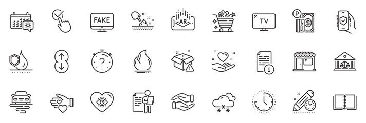 Icons pack as Manual, Hold heart and Snow weather line icons for app include Court building, Route, Skin moisture outline thin icon web set. Fake news, Project deadline, Time pictogram. Vector