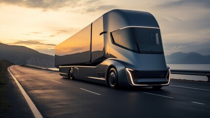3D illustration of futuristic electric ground transport truck on the highway. - obrazy, fototapety, plakaty