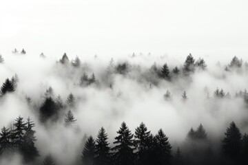 An aerial background image in black and white, showcasing a forest enveloped in mist, providing a ethereal perspective that can add depth to your creative content. Photorealistic illustration