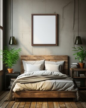 An empty poster frame in the bedroom in Rustic Style. Created with Generative AI technology
