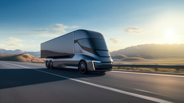 3D illustration of futuristic electric ground transport truck on the highway.