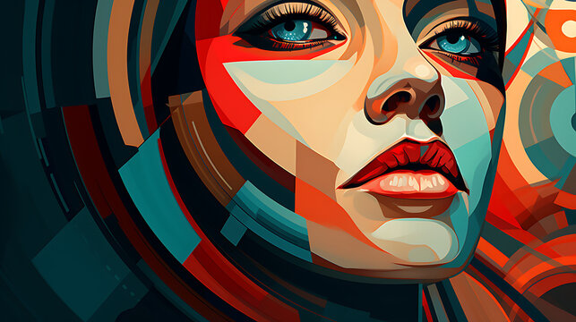 illustration in the style of digital constructivism, dark turquoise and light red, bold and expressive portraits, warm tones, juxtaposition of hard and soft lines, golden age illustrations