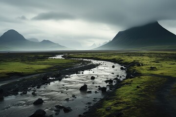 A picturesque background image featuring a flowing river and a panoramic view of the landscape. Photorealistic illustration