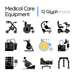 2D pixel perfect icons collection representing medical equipment, black silhouette illustration.
