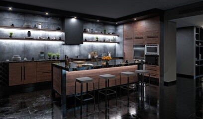 modern dark kitchen interior.