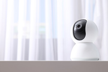 Home security camera on light background, space for text