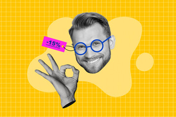 Creative pop collage young guy showing okey symbol price tag new best eyeglasses 15 percent...