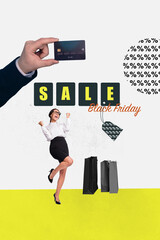 Image poster collage of positive happy girl office worker hand hold bank plastic card cashless payment isolated on drawing background