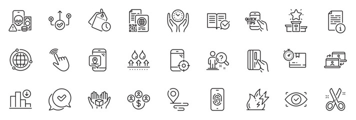 Icons pack as Biometric eye, Approved and Payment card line icons for app include Fingerprint, Approved documentation, Manual outline thin icon web set. Time management, Seo phone. Vector