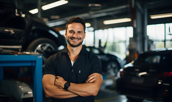 a smiling mechanic in his workshop with vehicles in the background