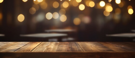 Empty Rustic Wood Table In Restaurant With Bokeh Background