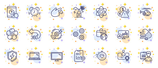 Outline set of Time management, Certificate and Monitor line icons for web app. Include 360 degrees, Timer, Overeating pills pictogram icons. Deflation, Natural linen, Report checklist signs. Vector