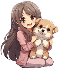 cute sitting Anime girl holding a dog Kawaii