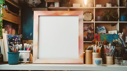 Mockup poster frame on table with painting supplies, 3d render
