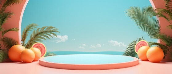 Summer Themed Tropical Podium Background For Cosmetic Product Branding, Identity, And Packaging . Сoncept Tropical Vibes, Summer Paradise, Beach Beauty, Sun-Kissed Bliss