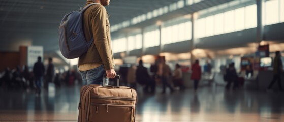 Traveler Anxiously Waits In The Airport Terminal With Luggage