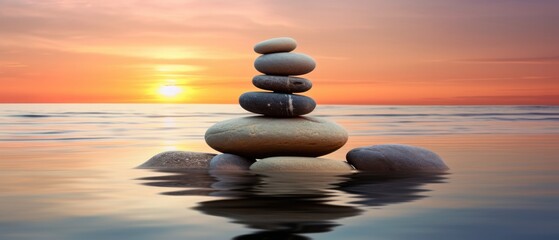 Obraz na płótnie Canvas Zen Stones Balance On Beach During Peaceful Sunset
