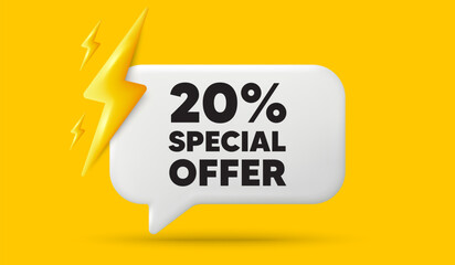20 percent discount offer tag. 3d speech bubble banner with power energy. Sale price promo sign. Special offer symbol. Discount chat speech message. 3d offer talk box. Vector
