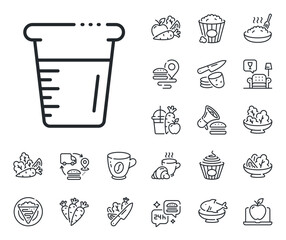 Glass water sign. Crepe, sweet popcorn and salad outline icons. Cooking beaker line icon. Measuring cup symbol. Cooking beaker line sign. Pasta spaghetti, fresh juice icon. Supply chain. Vector