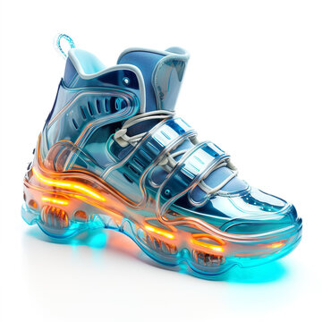 Fancy futuristic sneakers athletic shoes footwear. Generated AI illustration image. Future fashion concept