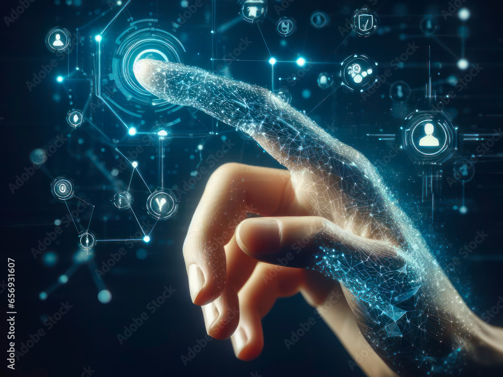 Poster digital hand hologram on dark background. neural network connection. communication with artificial i