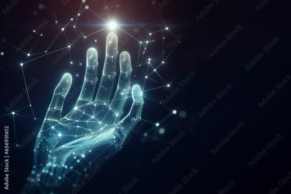 Poster digital hand hologram on dark background. neural network connection. communication with artificial i