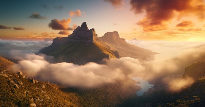 Table Mountain's amber sunset embrace.