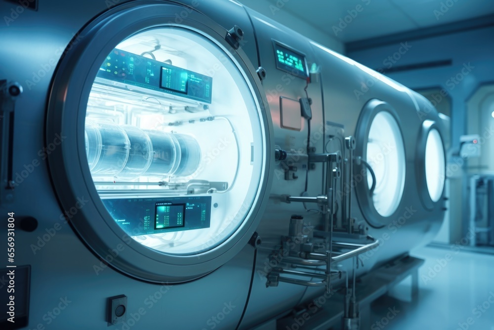 Poster a room filled with various machines and equipment. this image can be used to depict a technology-dri