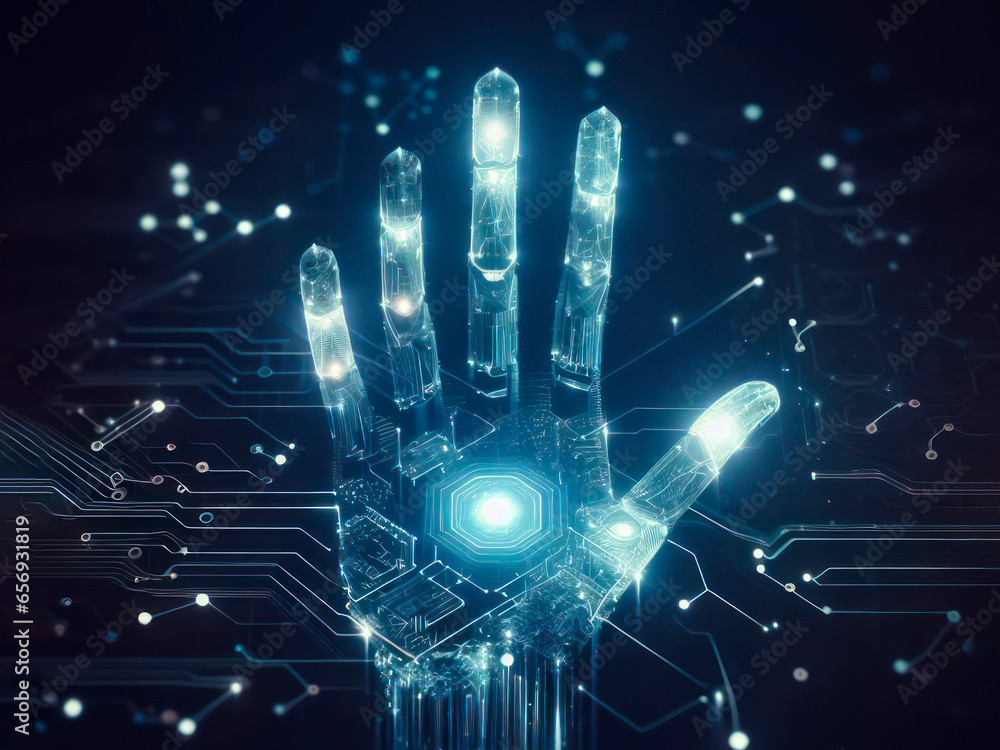 Poster digital hand hologram on dark background. neural network connection. communication with artificial i