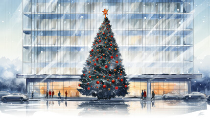 Watercolor illustration of a Christmas tree with red ornaments and golden star outside of a large shopping mall in downtown, Christmas time, December, festive mood