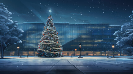 Beautiful Christmas tree at night, starry sky and modern building in the background
