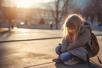 petite fille blonde assise au sol, triste sur le point de pleurer - obrazy, fototapety, plakaty